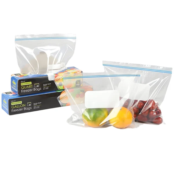 Assorted sizes of clear food storage bags with zip lock closure for freezer and fresh food packaging
