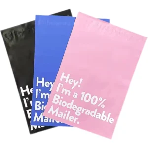 Biodegradable plastic bags displayed in multiple colors for eco-friendly clothing and product packaging