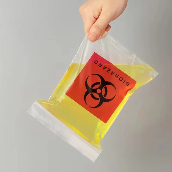 Biohazard specimen bag with zipper closure, used for secure containment of medical and laboratory samples.