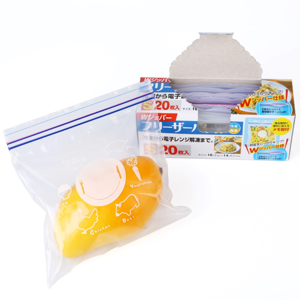 Clear double zip closure storage food bags used for peanuts, dried fruit, and fresh produce storage