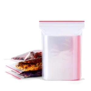 Clear self sealing bags used for food storage and dry goods packaging with airtight zip closure