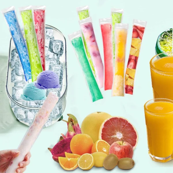 Assorted colorful ice pop bags filled with fruit juice and ice cream, ideal for homemade desserts.