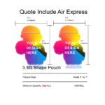 Custom mylar bags shown as 3.5g shaped pouches with self-sealing zip closure and customizable size specifications.