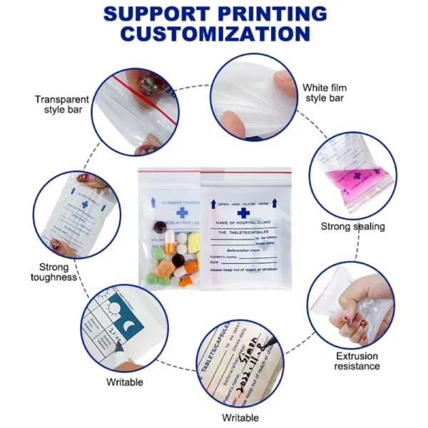 Transparent pill plastic bags with ziplock closure used for tablets and capsules in medical settings.
