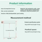 Biodegradation bag size measurement diagram showing customizable width, length, and sealing area for OEM production