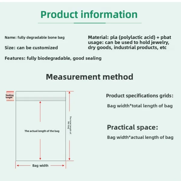 Biodegradation bag size measurement diagram showing customizable width, length, and sealing area for OEM production