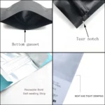 Custom stand up pouch zipper bag detail showing bottom gusset, tear notch, reusable zipper, and sealed edges.