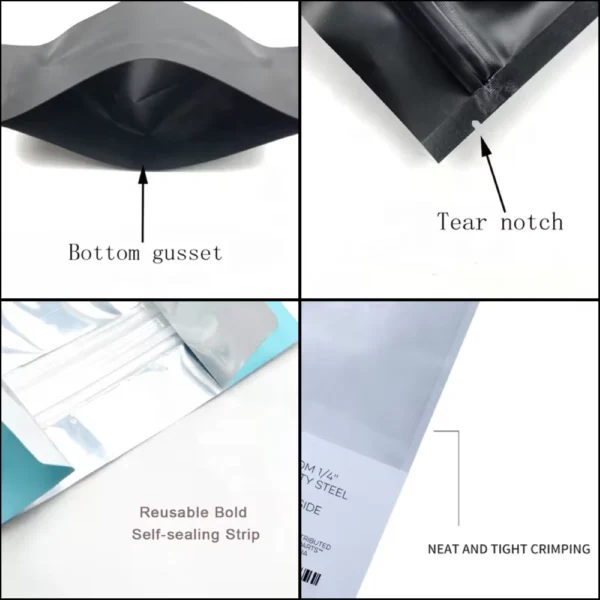 Custom stand up pouch zipper bag detail showing bottom gusset, tear notch, reusable zipper, and sealed edges.