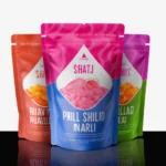 Custom stand up pouch zipper bag with colorful printed designs, resealable zipper, and stand-up structure.