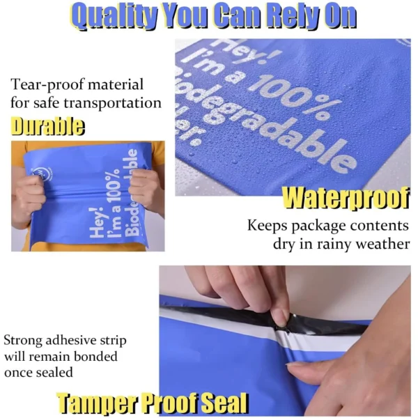 Certified biodegradable plastic bags with eco labels and sustainability logos