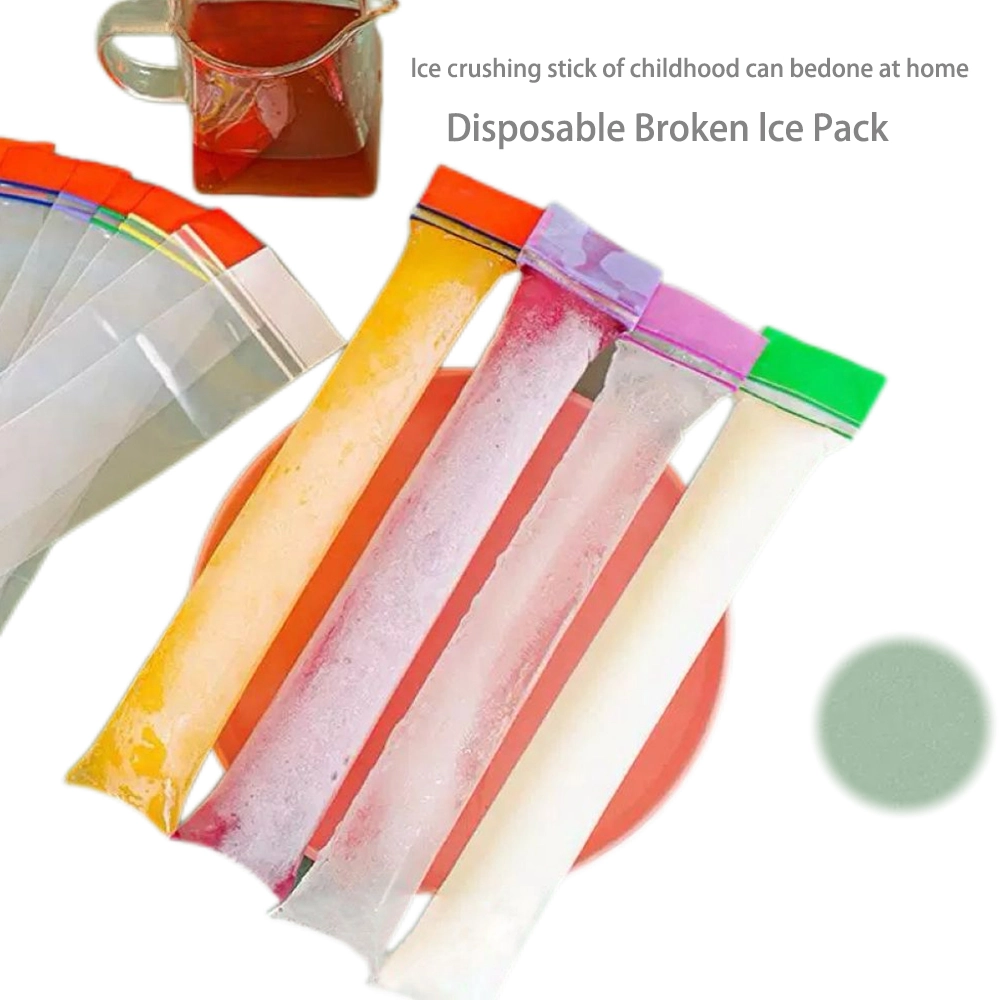 Disposable ice pop bags filled with colorful frozen juice, showing ice pop bags for DIY frozen snacks.
