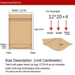 Food Packaging Pouches Bag size measurement diagram with width, height, and bottom gusset details