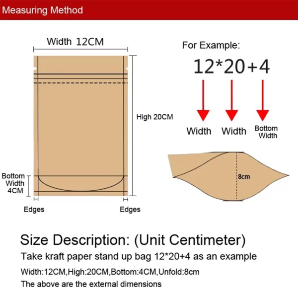 Food Packaging Pouches Bag size measurement diagram with width, height, and bottom gusset details