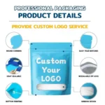 Food Packaging Pouches Bag showing heat seal, tear notch, resealable zip lock, and custom logo printing