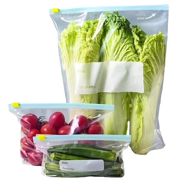 Food storage bag with slider zip closure used for packing fresh vegetables in different sizes