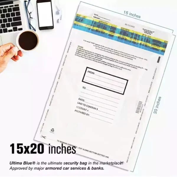 Tamper evident bag with labeled fields for sender, receiver, and account details in a large format design.