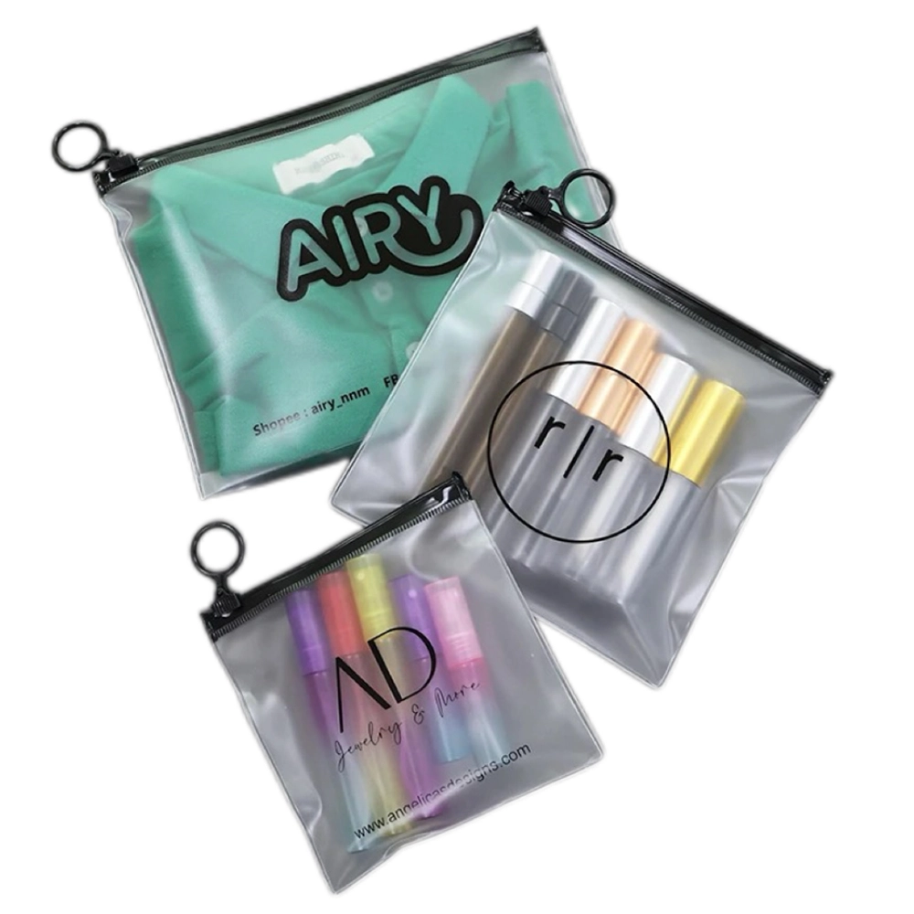 Transparent PVC Make Up Zipper Bag displaying branded cosmetic bottles inside with smooth zipper closure