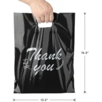 Large plastic shopping bags with handle showing size dimensions for retail packaging