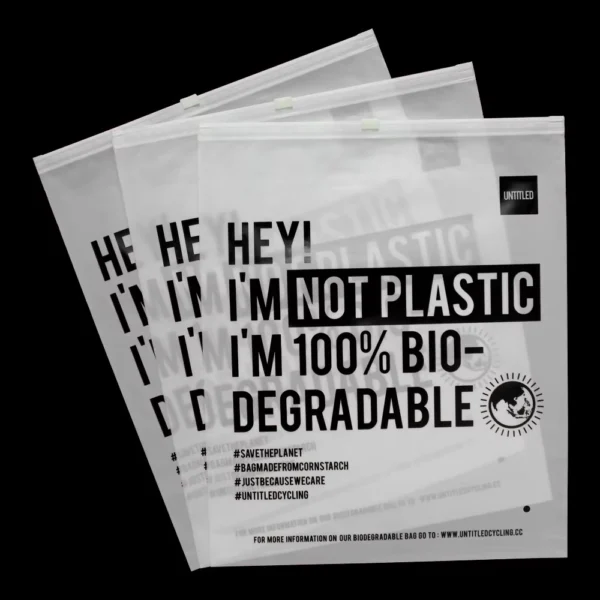Resealable biodegradable bags with zip lock closure for clothing and retail packaging