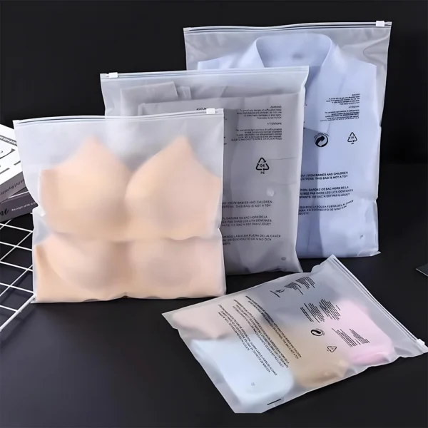 Multiple sizes of biodegradable bag used for clothing and textile packaging on display