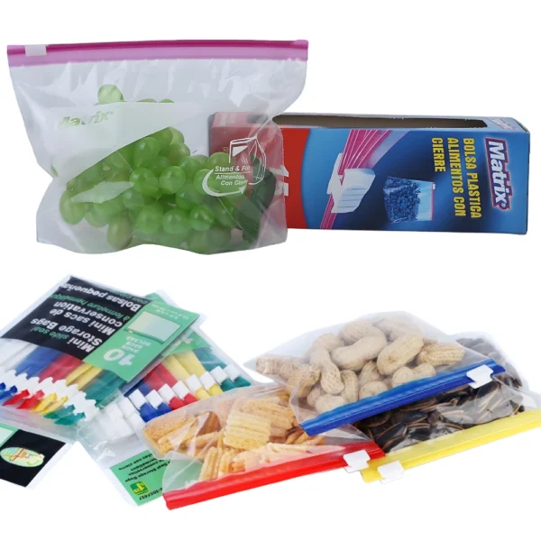 Reusable food storage bags with colorful slider zip closure used for fruits, snacks, and small items