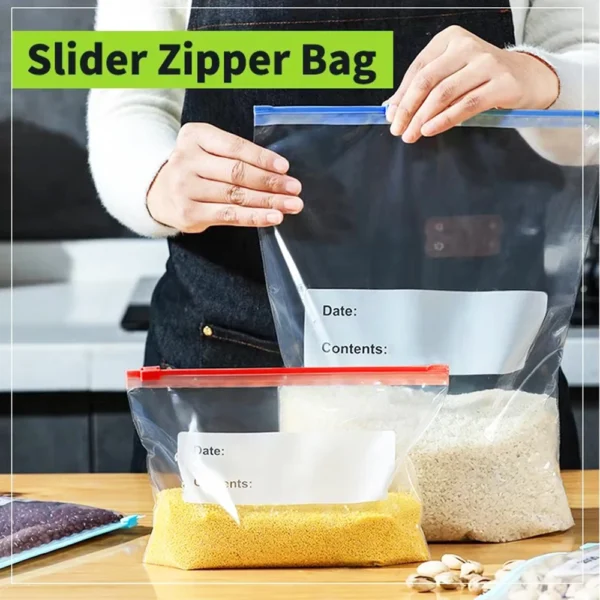Reusable food storage bags with slider zipper closure used for grains and dry foods