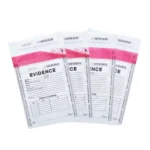 Security tamper evident bag containing cash, showing strong sealing tape and clear tamper indicators for financial security applications.