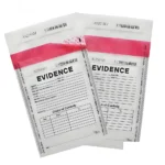 Security tamper evident bag featuring a high-visibility sealing tape, printed barcode, and writable evidence form for secure cash and document handling.