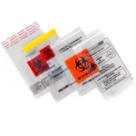Specimen bag with clear biohazard labeling and writable area for safe medical sample storage and transport.
