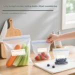 Reusable freezer-ready storage bags food displayed in small, medium, and large sizes for organized food storage.