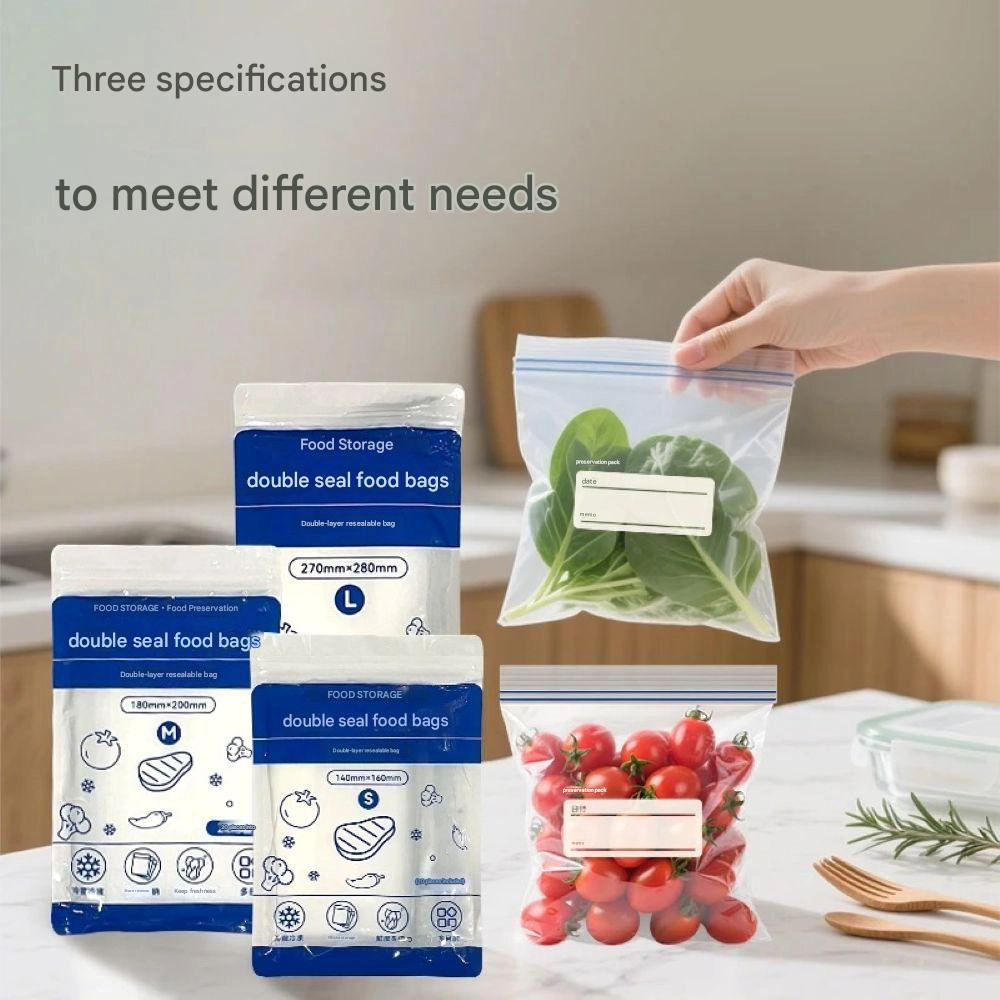 Clear double ziplock storage bags food holding vegetables and fruits with strong airtight seal for daily food preservation.