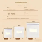 Specification chart showing different sizes of storage bags food with dimensions and usage temperature range.