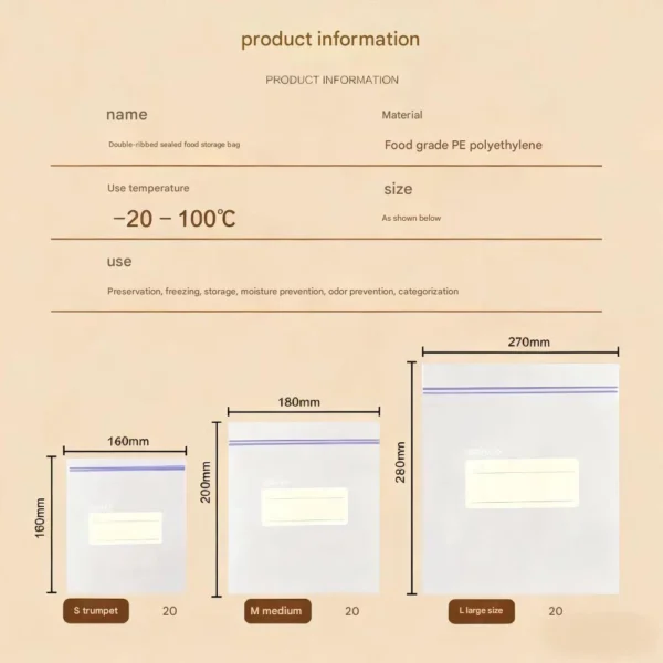 Specification chart showing different sizes of storage bags food with dimensions and usage temperature range.