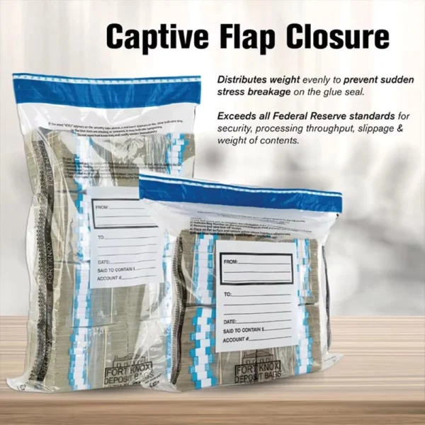 Large security deposit packaging filled with currency, showing sealed tamper-evident bags in use