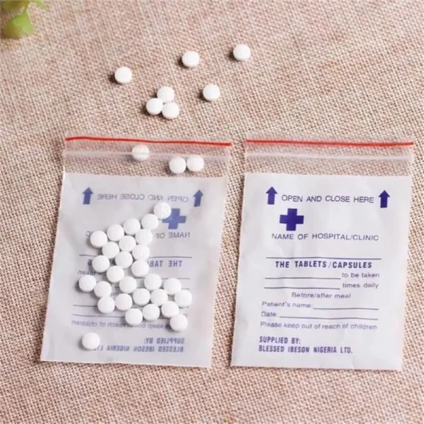 Pill plastic bags with custom printing, strong sealing, and durable film for pharmaceutical packaging.