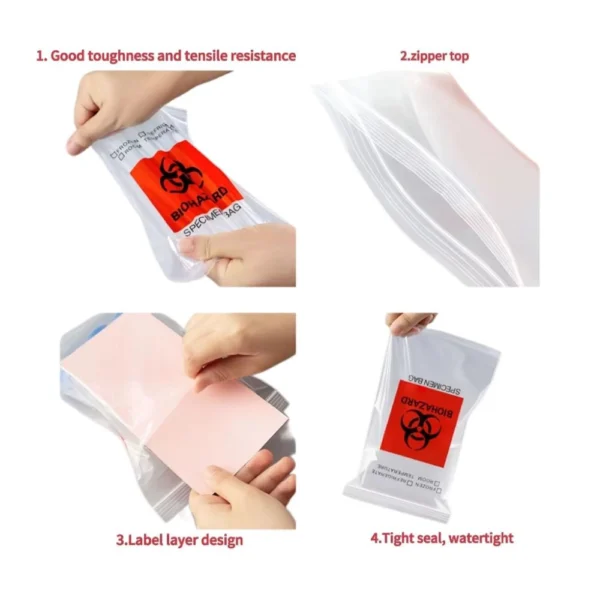 Transparent specimen bag featuring zipper closure and writable label area for medical identification.
