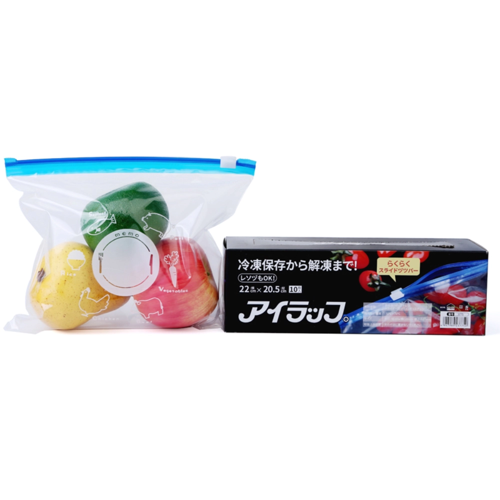 Clear vacuum pack food storage bags holding mixed fruits, displayed with retail box packaging for bulk supply.