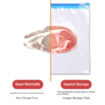 Vacuum pack food storage bags comparing sealed meat storage versus normal storage to show freshness protection.