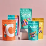 Brightly printed Ziplock Mylar Bags used for candy packaging with stand up pouch design.